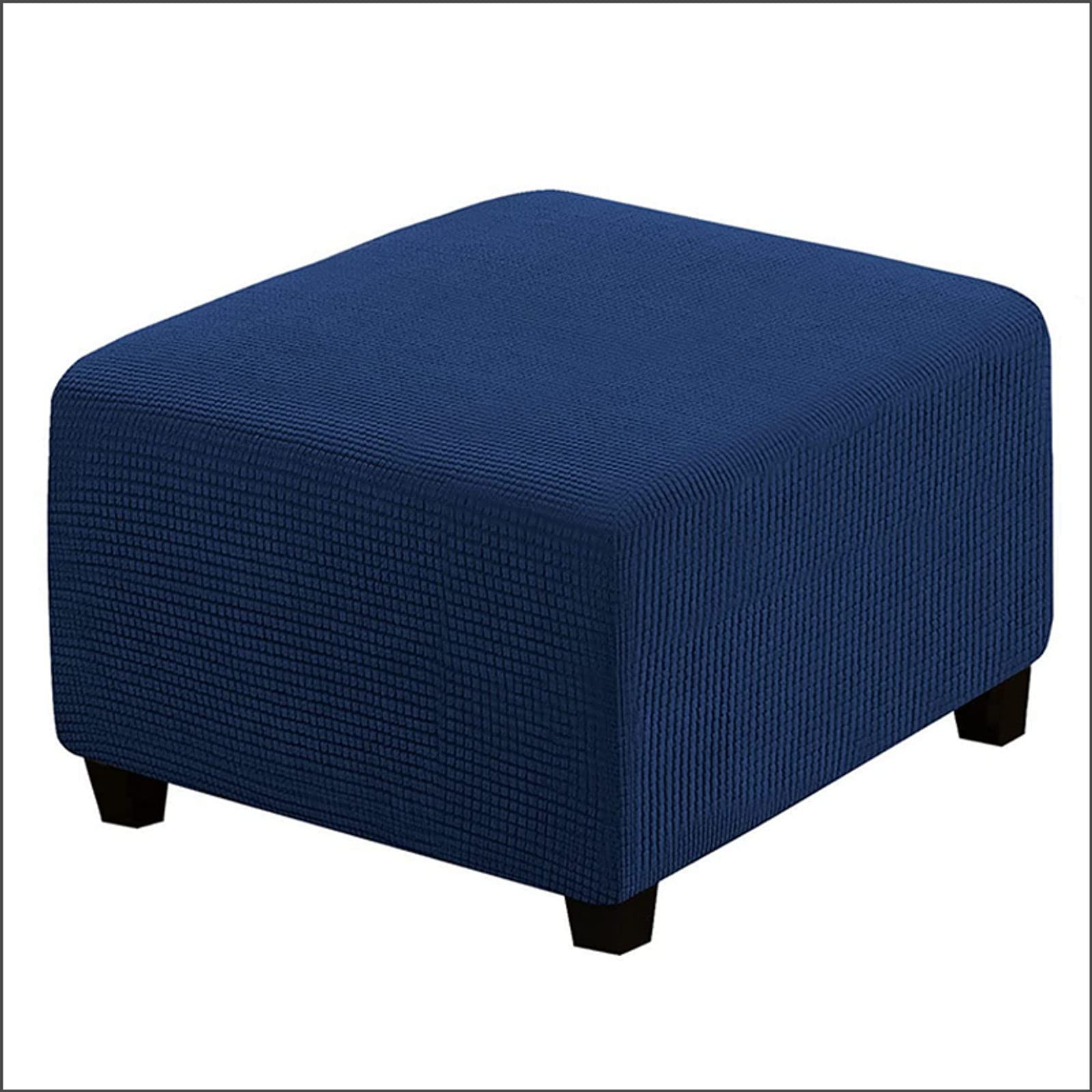 qiden Square Footstool Cover Stretch Ottoman Cover Plush, 10% Thicker Large Stretch Pouffe Cover Anti-Slip Foot Stool Jacquard Slipcovers With Elastic Bottom, Machine Washable-Navy-Large