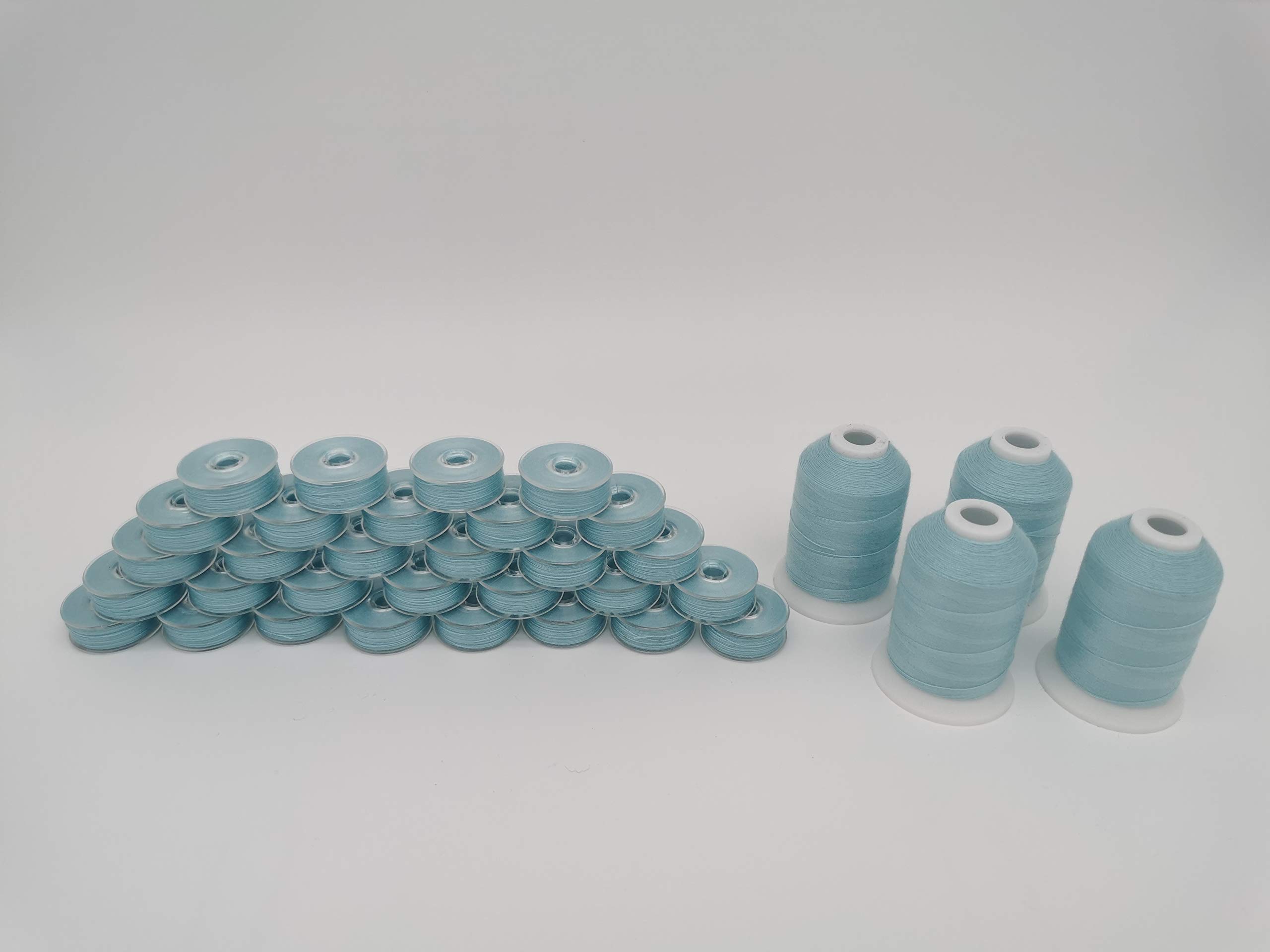 DOUBLELIN Sewing Thread Combo, 30pcs Size M, Style M, Jumbo Bobbins. Plastic Sided Prewound Bobbin + 4 spools top Thread, 40S/2 34wt Spun Polyester (542 Seacrest)