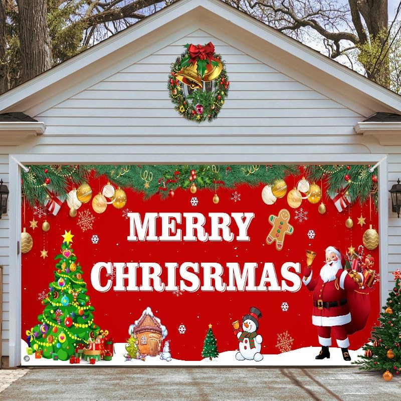Garage Door Decorations - 7 x 16 ft Double christmas garage door cover, 2023 Christmas Garage Door Banner, Large Christmas Garage Door Decorations Christmas Door Cover for Outdoor Christmas Garage Door Holiday Decorations
