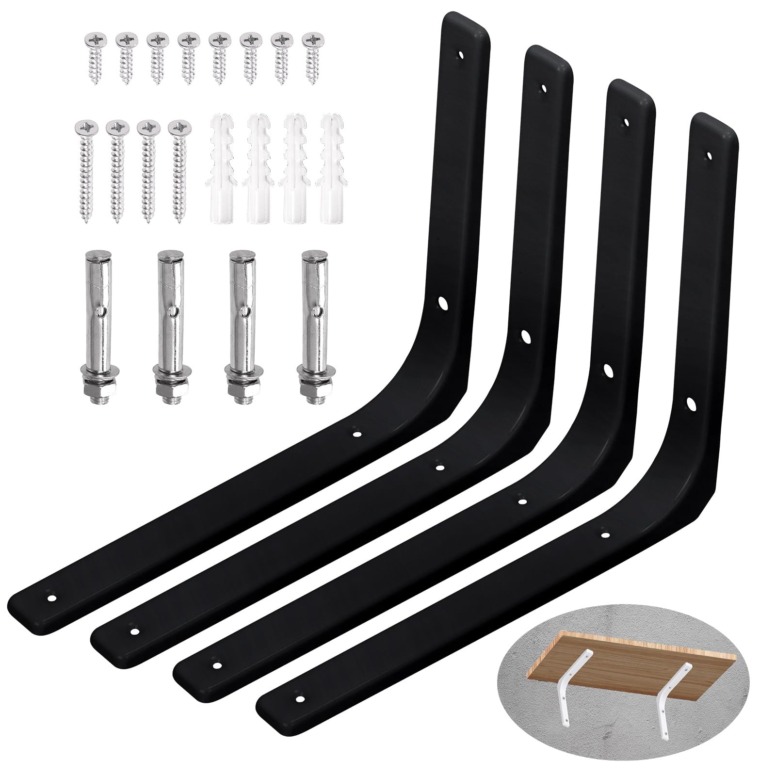 Swpeet 4 Pack 12"L x 10"H Metal Wall Shelf Bracket, Heavy Duty Floating Shelf Support Bracket, Decorative Joint Angle L Steel Bracket Kit Contains 20/40MM Screws, Anchors, Bolts for Home Decor, Black