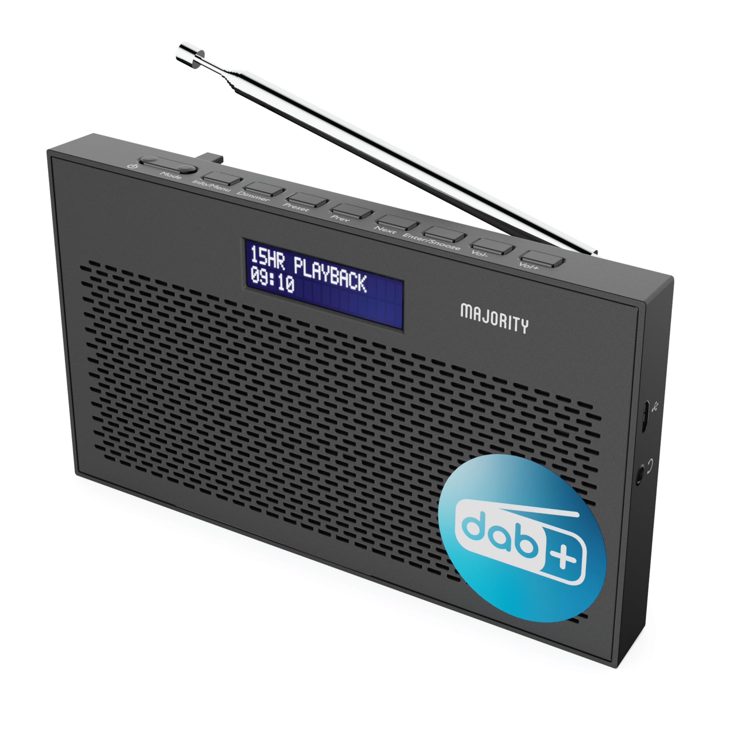 Portable DAB/DAB+ Digital Radio | 15H Battery and Mains Powered | Kitchen FM Radio, 20 Presets | LED Display, 3.5mm Headphone Jack | Dual Alarm with Sleep Timer Function | MAJORITY Histon (Black)