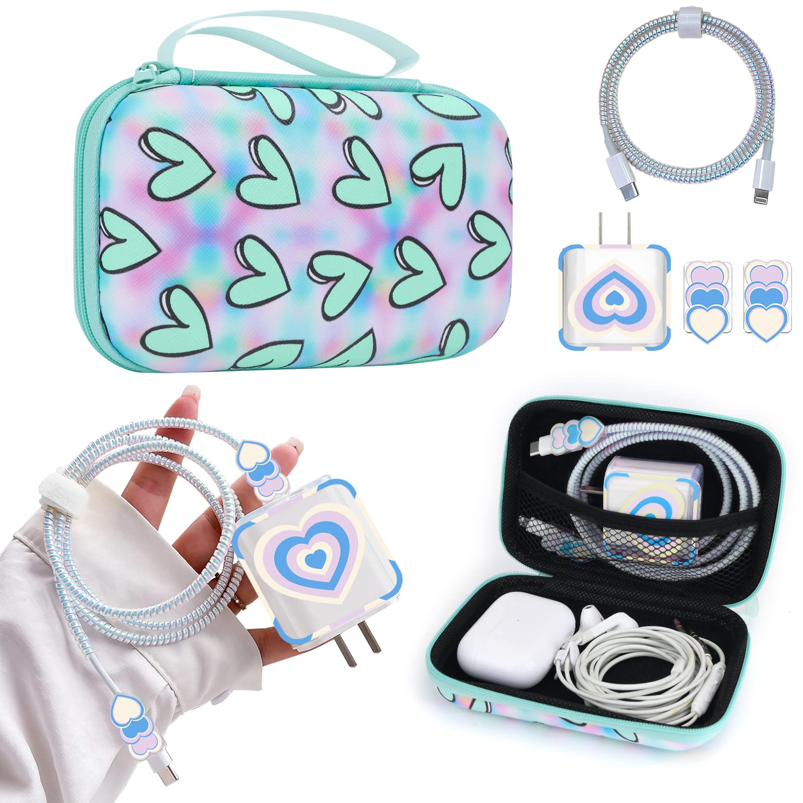 Electronic Organizer Set with Portable Travel Organizer Bag Cable Organizer Unique Blue Heart Design with Cute Cable Protector,Cable Saver Phone Charger Protector Case for iPhone/iPad