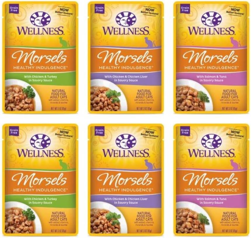 Wellness Healthy Indulgence Grain Free Naturally Delicious Everyday Entrees For Cats 3 Flavor Variety 6 Pouch Bundle: (2) Chicken & Chicken Liver Recipe In a Rich Gravy, (2) Turkey & Chicken Recipe In A Sumptuous Gravy, and (2) Salmon & Tuna Recipe In A Savory Broth, 3 Oz. Ea. (6 Pouches Total)
