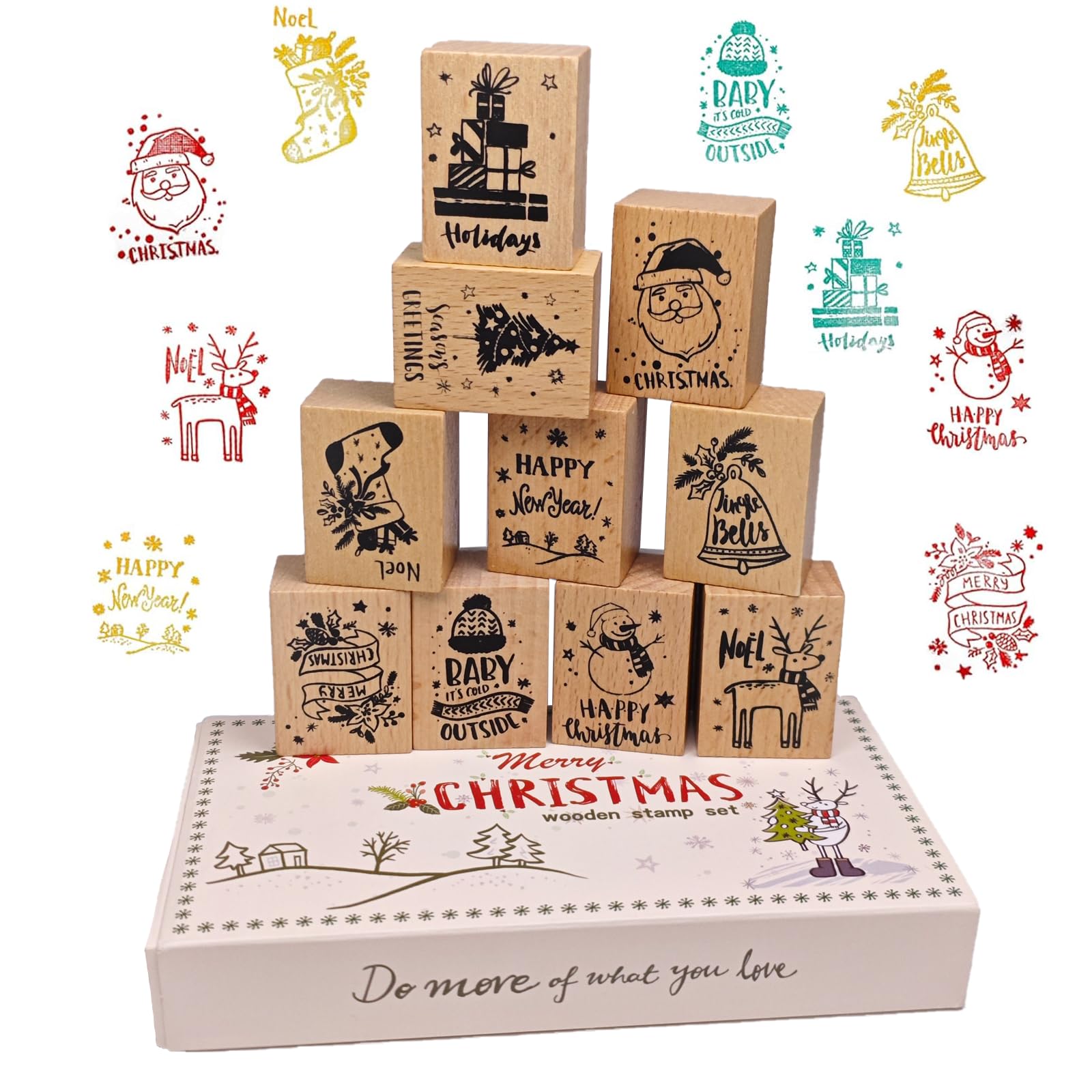 Photo 1 of 10 Pcs Christmas Rubber Wooden Stamps for DIY Card Making, Scrapbooking, Wrapping, Holiday Crafts and Family Christmas Activities