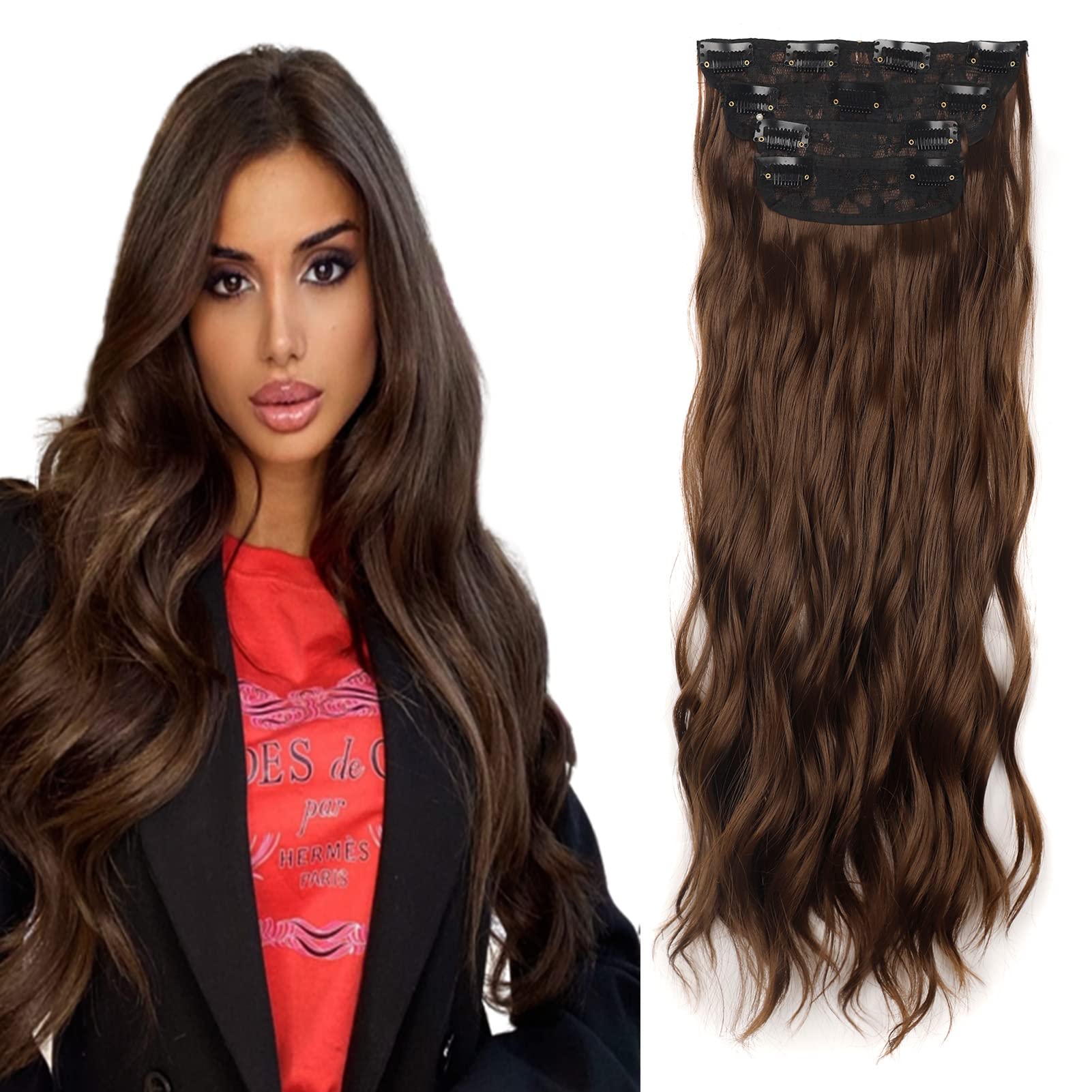 Cybelleza Clip in Hair Extensions Long Curly Wavy Hair Extension 4PCS Chestnut Brown Thick Full Head Hairpieces Synthetic Fibre for Women,22inch 180g — image 1