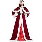 FancyFun 4 Pieces Mrs Claus Costume for Women, Adult Santa Costumes Claus Dress Christmas Outfit with Hooded Cape Gloves Belt
