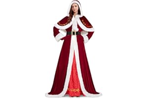 FancyFun 4 Pieces Mrs Claus Costume for Women, Adult Santa Costumes Claus Dress Christmas Outfit with Hooded Cape Gloves Belt