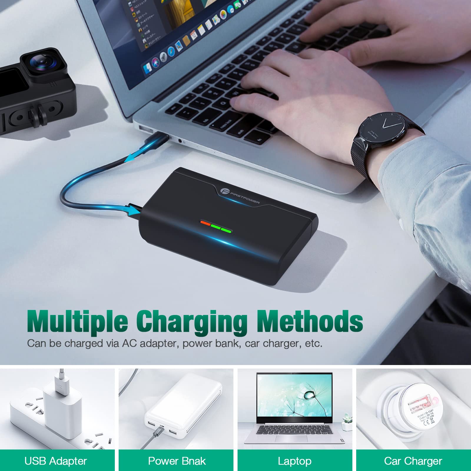 FirstPower 3-Channel USB Quick Charger for GoPro Hero 12/11/10/9/8/7/6/5 Battery with Type-C Cord and TF Card Storage, Fully Compatible with Original GoPro Battery
