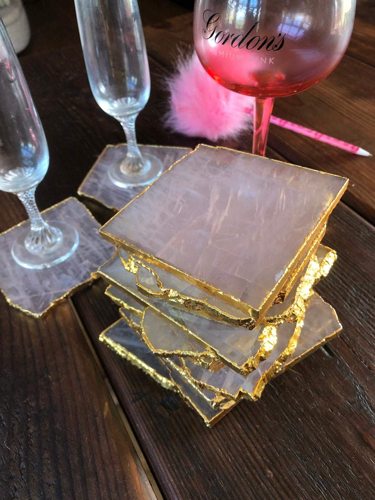 Rose Quartz Premium Coasters Natural Shape 24ct Gold Gilded Edge (Set of 4)