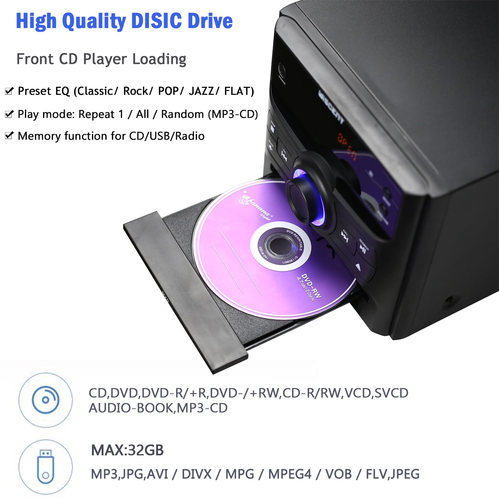 WISCENT Stereo Shelf System For Home With Bluetooth, Compact Micro ...