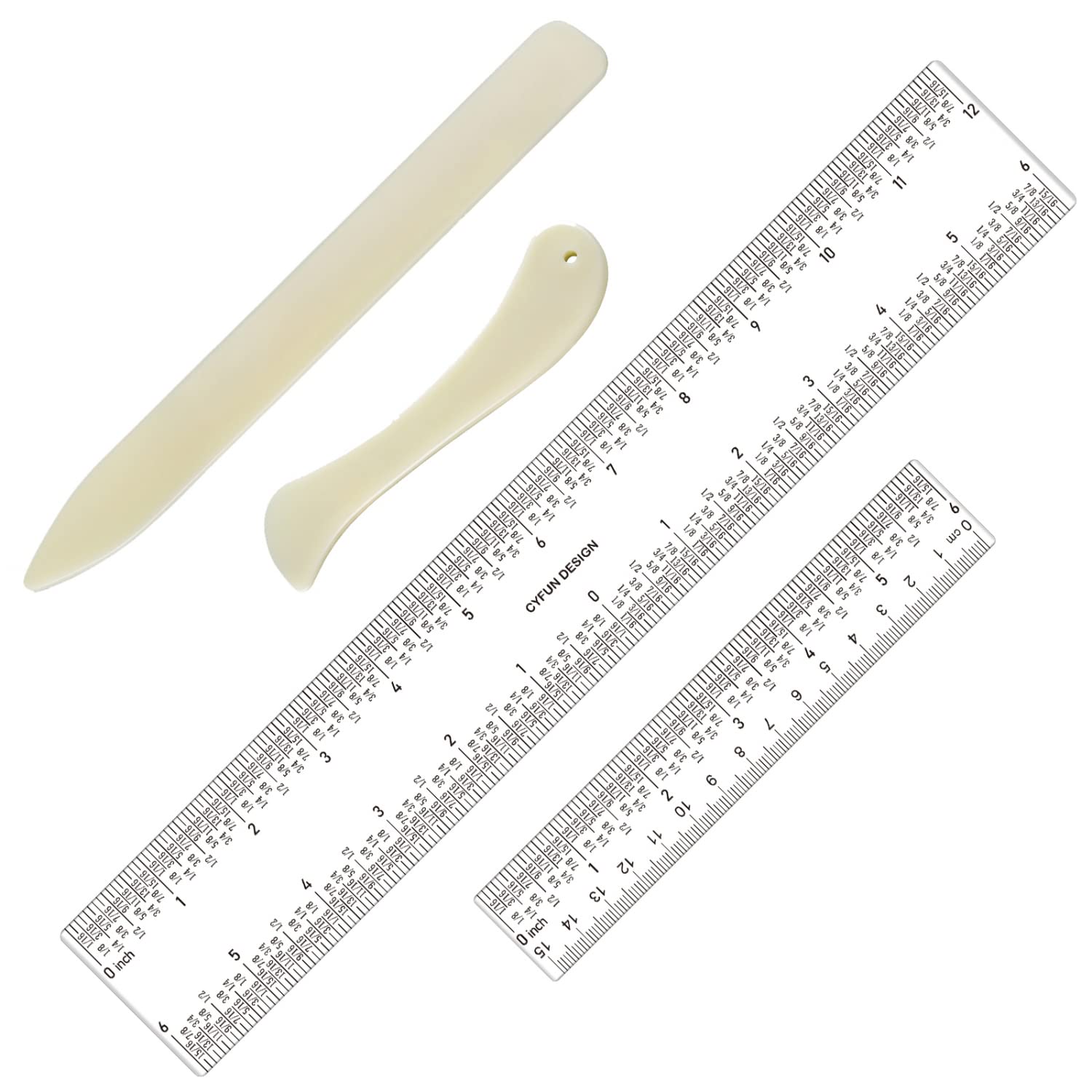 2 PCS 6"/12" Clear Acrylic Ruler Zero-Centering Ruler with Inches & Metric Measuring Tool with 2Pcs Bone Folder &Scoring Tool for Straight Edge Rulers for Scrapbooking Card-Making School Home Tool — image 1
