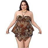 SHENHE Women's Plus Size Y2k Boho Hippie Top Paisley Print Beaded Halter Flowy Bandeau Top Tank