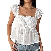 SweatyRocks Women's Square Neck Boho Ruffle Eyelet Embroidery Blouses Peplum Tops