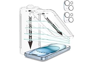 EZ-GLAZ- 4 Pack for iPhone 15 Screen Protector [6.1"] With 2 Pack Camera Lens Protector, 9H+ Hardness 12FT Military Grade Shatterproof Scratch Resistant Durable Tempered Glass Film with Flawless Fit Kit, HD Clear