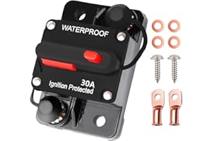 Tiwerlfe 30 Amp Breaker Manual Reset Waterproof Inline Fuse Inverter for Car ATV Marine Trolling Motors Boat Power Protect 12V-48V DC, with Wire Lugs Copper Washer Screw