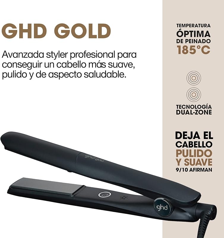 Ghd gold - alisador de cabelo profissional para alisar, ondular e criar ondas, temperatura ideal de modelagem 185ºc, tecnologia dual-zone, preto