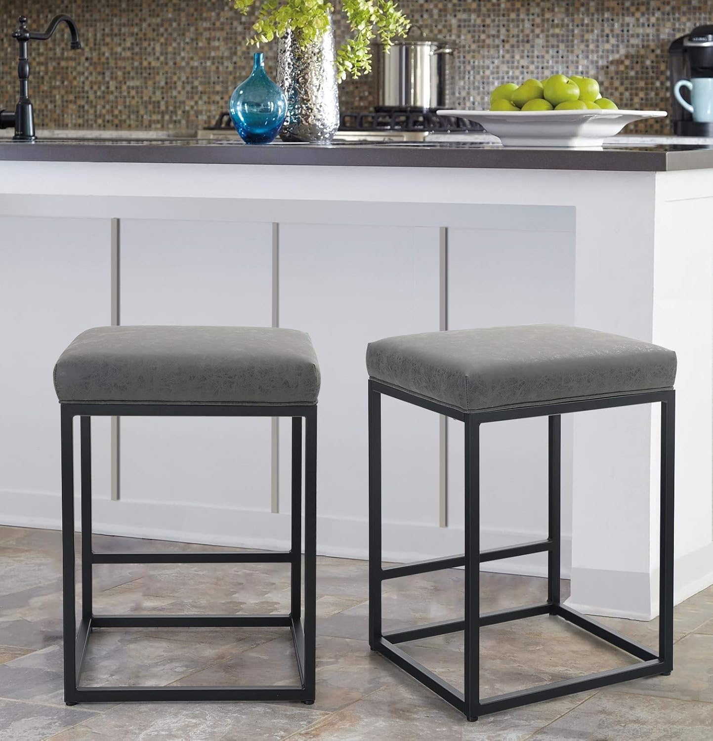MAISON ARTS Counter Height 24" Bar Stools Set of 2 for Kitchen Counter Backless Industrial Stool Modern Upholstered Barstool Countertop Saddle Chair Island Stool,330 LBS Bear Capacity,(24 Inch, Grey): Kitchen & Dining