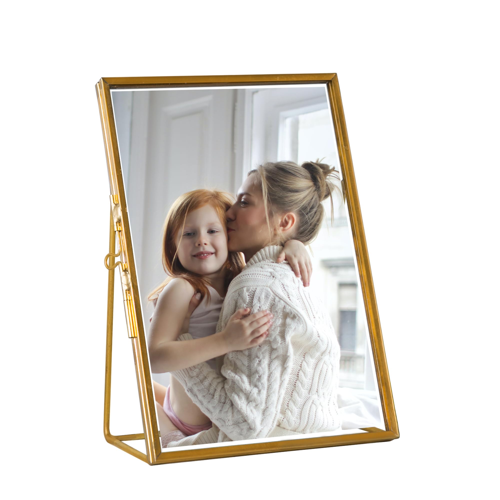 Photo 1 of Giadun 4x6 Picture Frame, Glass Gold Floating Frame, Vintage Style Antique Brass Tabletop Standing Frames with Locket Closure and Angled Base, for Pictures, Art, Mementos, Keepsakes