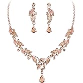 EleQueen Austrian Crystal Necklace Earrings Set, Cubic Zirconia Leaf Teardrop Bridal Jewelry for Brides Wedding Party, Costume Accessories Gifts for Women