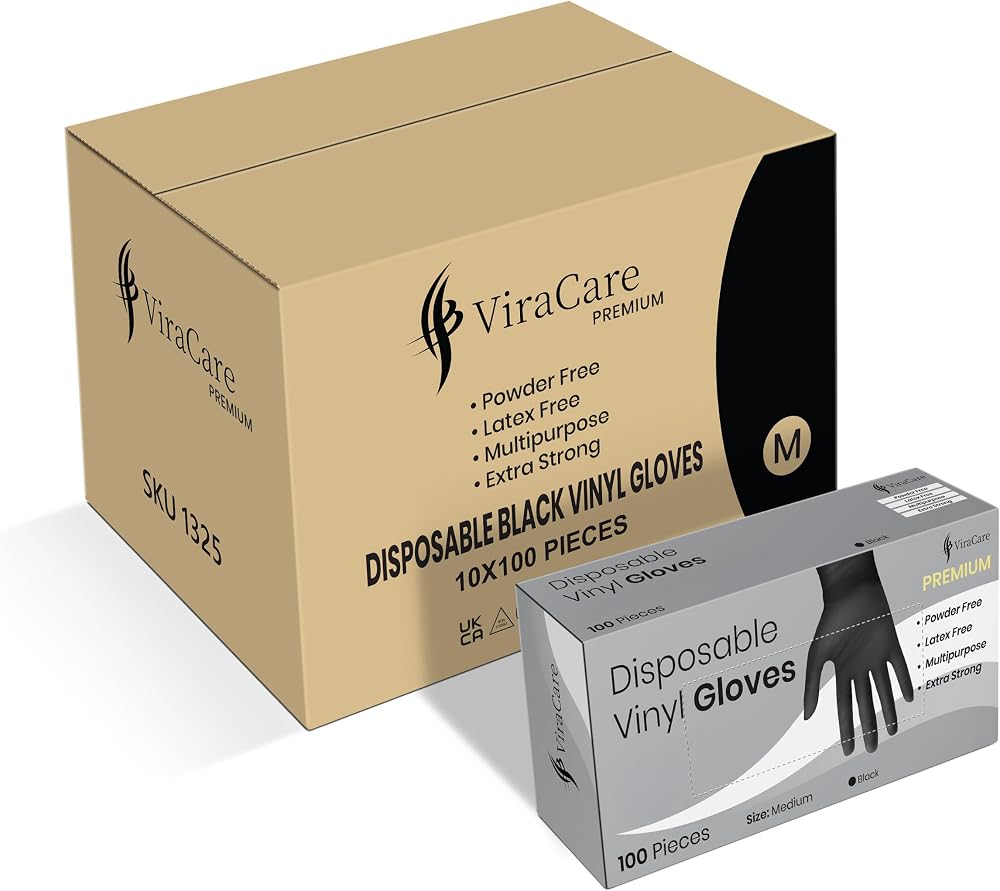 ViraCare 1000 Black Medium Double Vinyl Disposable Latex Powder Free Gloves