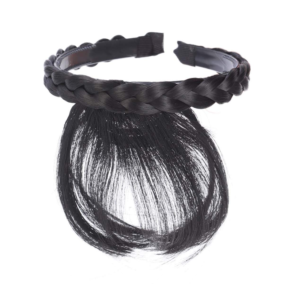Solustre Braids Womens Hard Headband with Bangs Forehead Natural Hair Fringe Wigs Extensions Bangs Hairband for Women Girls (Black)