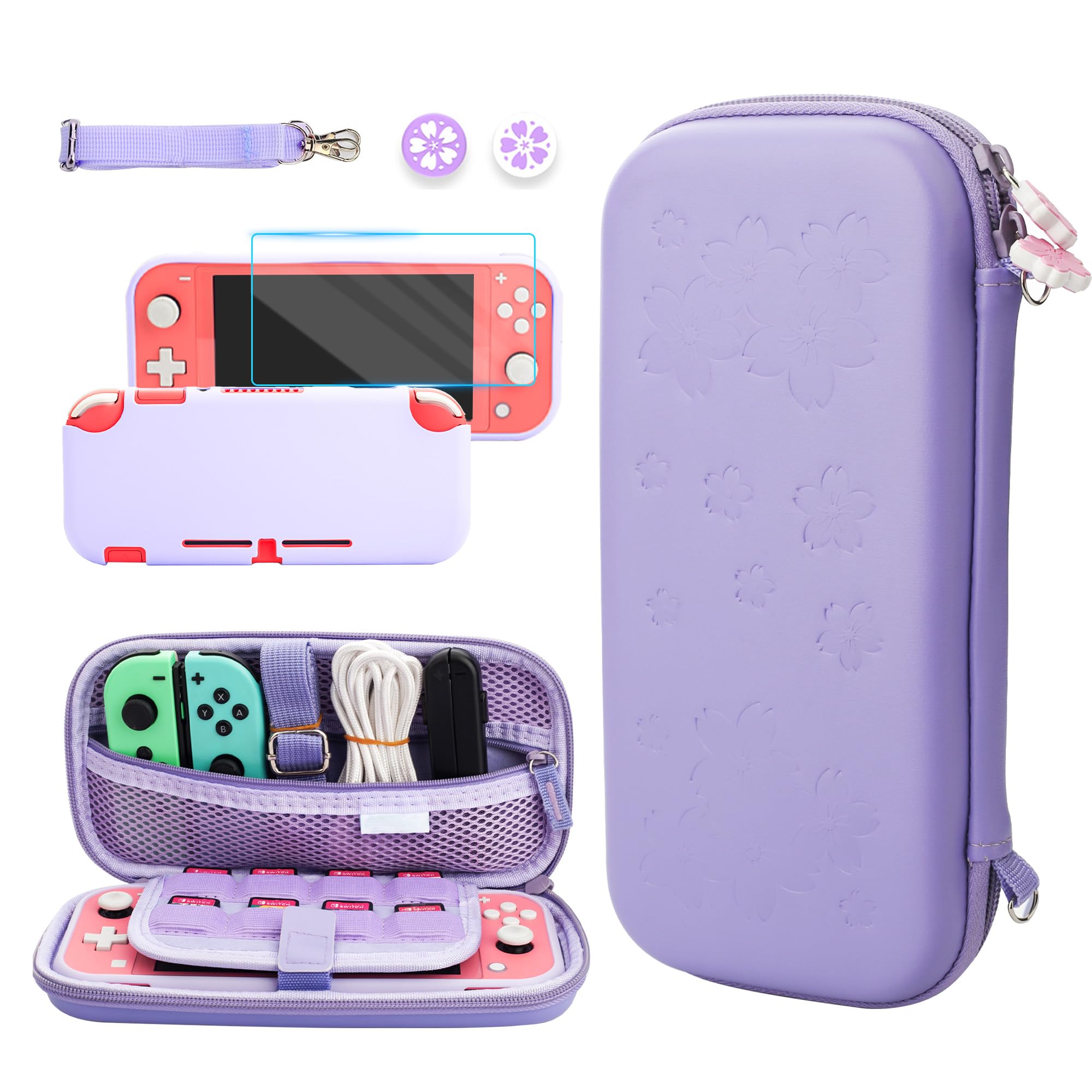 GLDRAM Carrying Case for Nintendo Switch Lite, Accessories Bundle with Purple Sakura Travel Case, Soft TPU Protective Skin Cover, HD Screen Protector, 2 Cute Thumb Grips and Adjustable Shoulder Strap