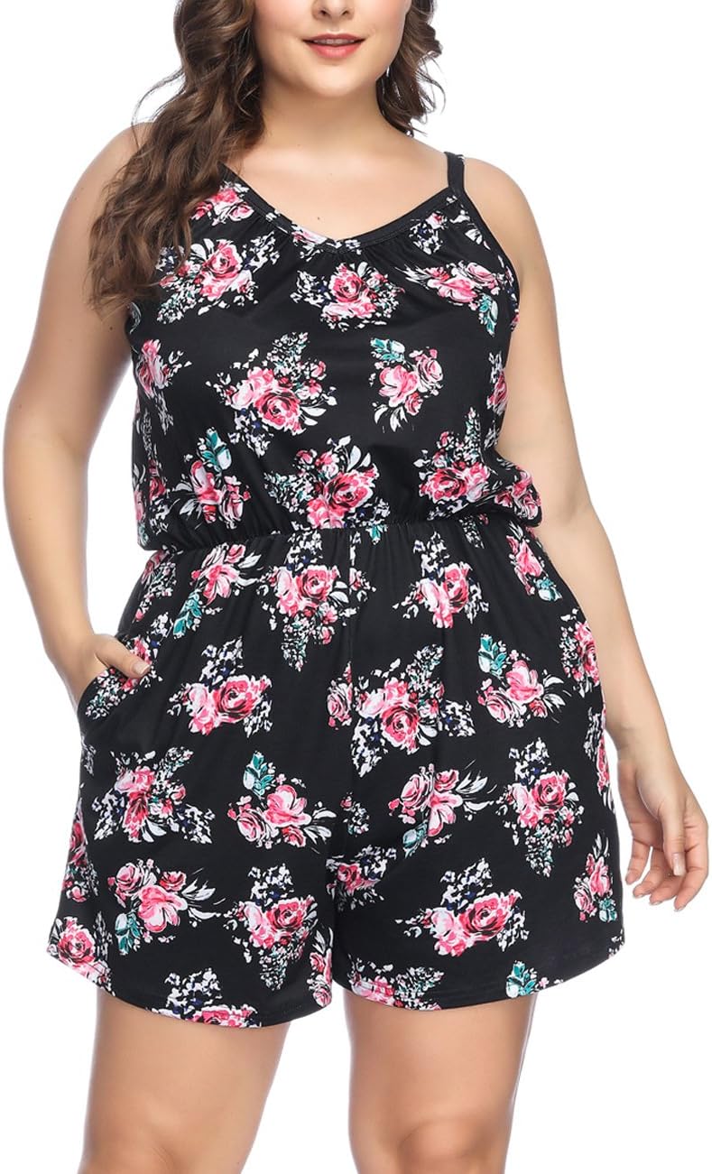 SELUXU Women's Jumpsuit Plus Size Ladies Floral Printed V-Neck Suspenders Shorts Jumpsuit Holiday Mini Playsuit with Pockets XL-4XL
