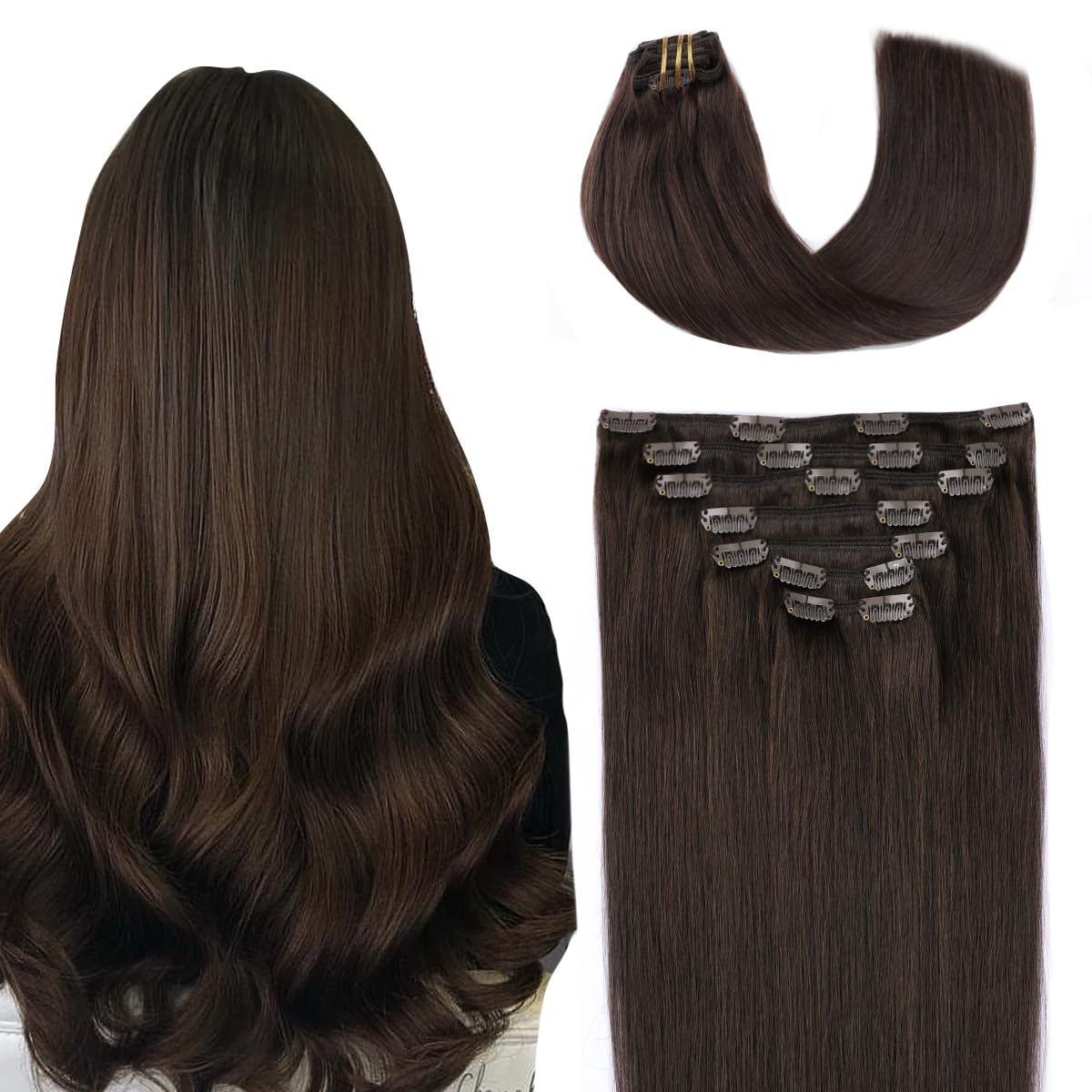 SURNEL Thick Clip in Hair Extensions Human 7 Pcs 140 Gram 14 inch #2 Dark Brown Double Weft Full Head Real Clip ins Hair Extensions Real Human (7C#2-14) — image 1