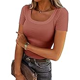 Chulianyouhuo Women's Short Sleeve Scoop Neck Ribbed Knit Fitted Casual Tops Tee Summer Slim Basic Shirts