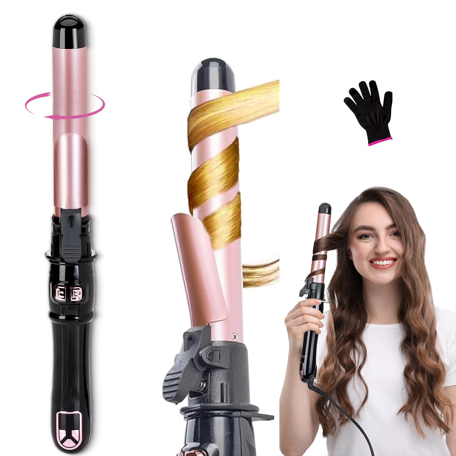 Photo 1 of Automatic Rotating Curling Iron, 1.1 Inch Professional Automatic Hair Curler for Long, Medium, and Short Hair, Fast-Heating Curling Wand for Effortless Waves and Curls, (Rose Gold)