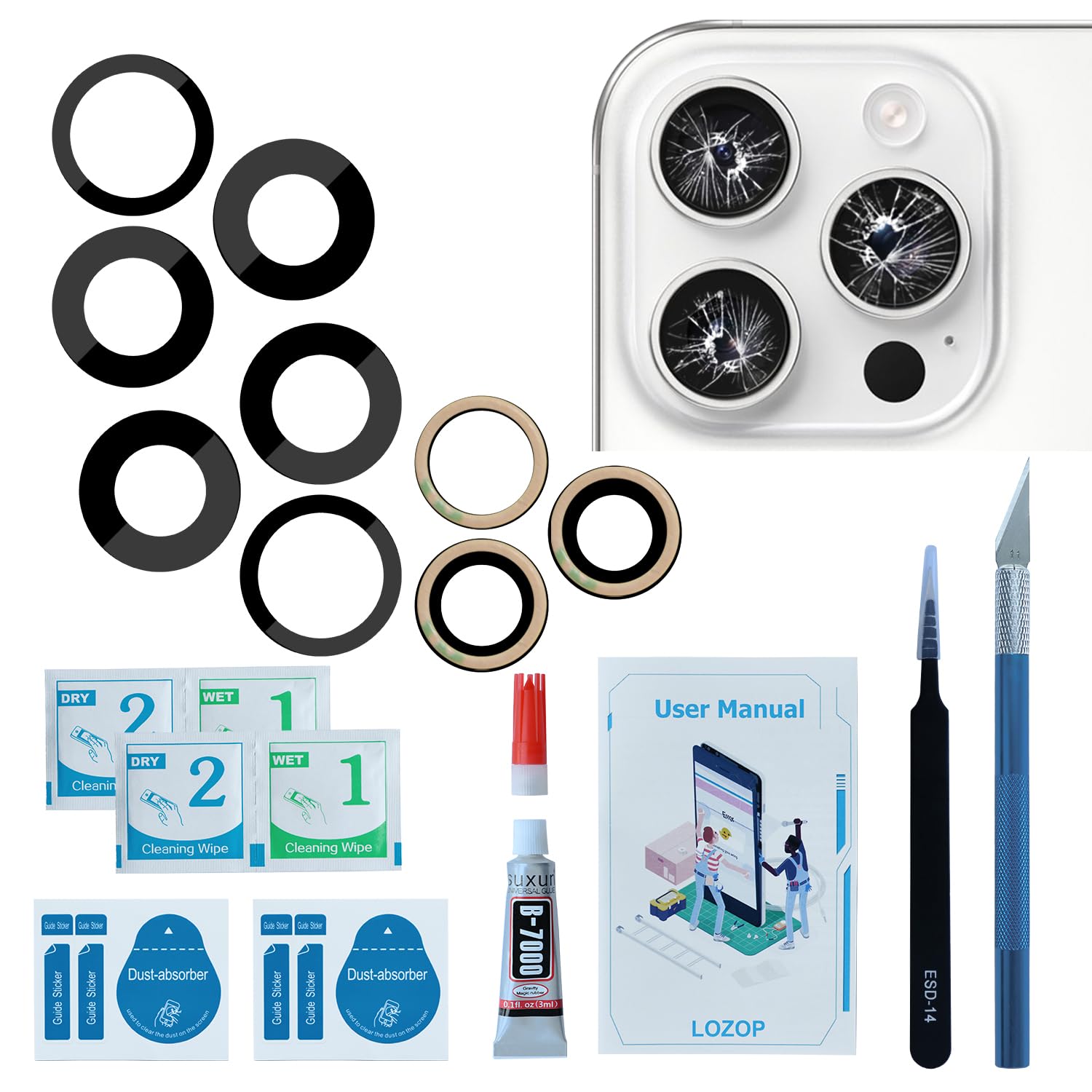 LOZOP Rear Camera Glass Replacement with Adhesive Pre-Installed, Repair Tools and Installation Manual Compatible with iPhone 16 Pro and 16 Pro Max (2 Packs)