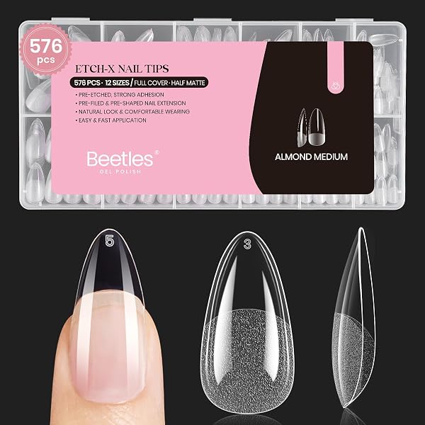 Beetles Medium Almond Nail Tips 576pcs 12 Sizes Pre-Etched Soft Gel Tips | Half Matte Full Cover Press on False Nail Tips Acr