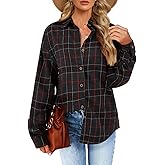 Febriajuce Womens Long Sleeve Plaid Shirts Flannel Collared Button Down Shacket Casual Rolled Up Boyfriend Blouse Tops Grey