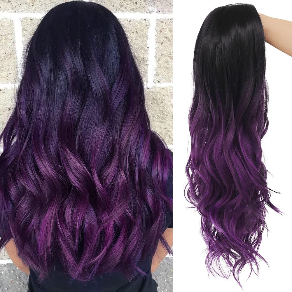Beweig Black Purple Long Wavy Wig for Women Synthetic Heat Resistant Daily Party Costume Halloween — image 1