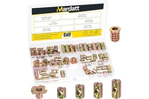 Mardatt 60PCS M6 x 10/12/15/20mm Barrel Nuts, Yellow Zinc-Plated Carbon Steel Cross Dowels Slotted Barrel Nut, M6 x 15mm Threaded Inserts with M6 x 10mm T-Nuts Kit, for Wood Furniture Screw
