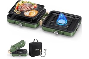 OGERY 2-Burner Foldable Camping Stove with Griddle (Textured & Smooth) and Carrying Bag, Portable Propane Camp Stove with 2 Adjustable Burners & Piezo Ignition, for Camping Tailgating Essentials Gear
