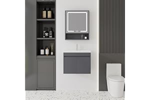Albriya 24'' Bathroom Vanity with Ceramic Sink Combo and Medicine Cabinet Mirror with Led Light/Defog, Wall Mounted Small Bathroom Vanity with Soft-Close Door Modern Floating Cabinet, Gray(No Faucet)