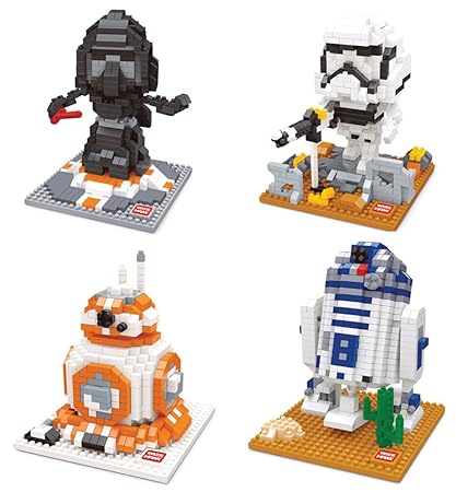 Wise Hawk Figuren aus Star Wars. Mini-Bausteinen Bausätze. Packung mit R2D2, BB-8, Darth Vader und Storm Trooper Kits.
