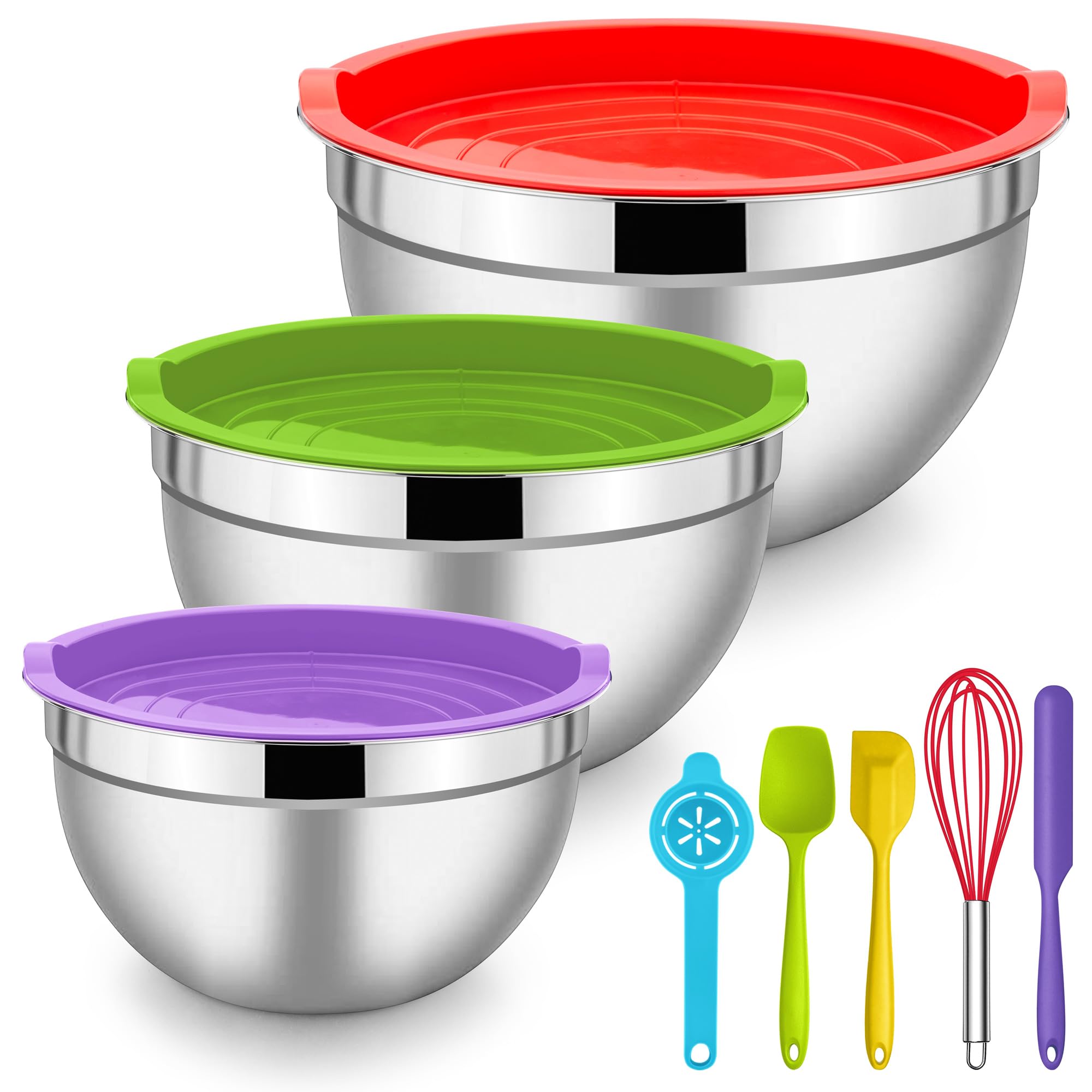 Herogo Mixing Bowls with Airtight Lids, 3-Piece Stainless Steel Nesting Set & 5-Piece Silicone Accessories, Metal Salad Bowls for Baking Preparing Serving, Space-Saving Storage, 1.2/2.6/4.5 QT
