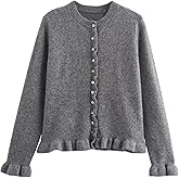 FindThy Women’s Cropped Cardigan Sweater Trendy Crewneck Ruffle Long Sleeve Button Down Knitwear Tops