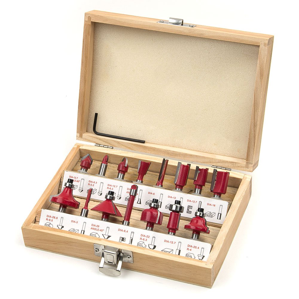 Malayas 15pcs Router Set 1/4" Shank Tungsten Carbide Milling Cutter Tools Kit with Wooden Case (Includes Traight Cove and Chamfer Bit)