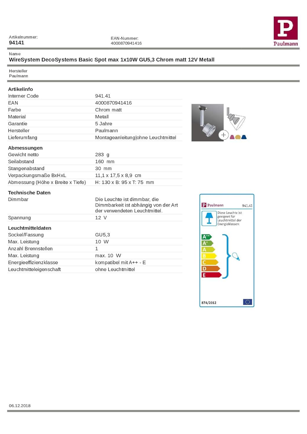 Paulmann 94141 Seil-Leuchte DecoSystems Chrom matt Ergänzung für