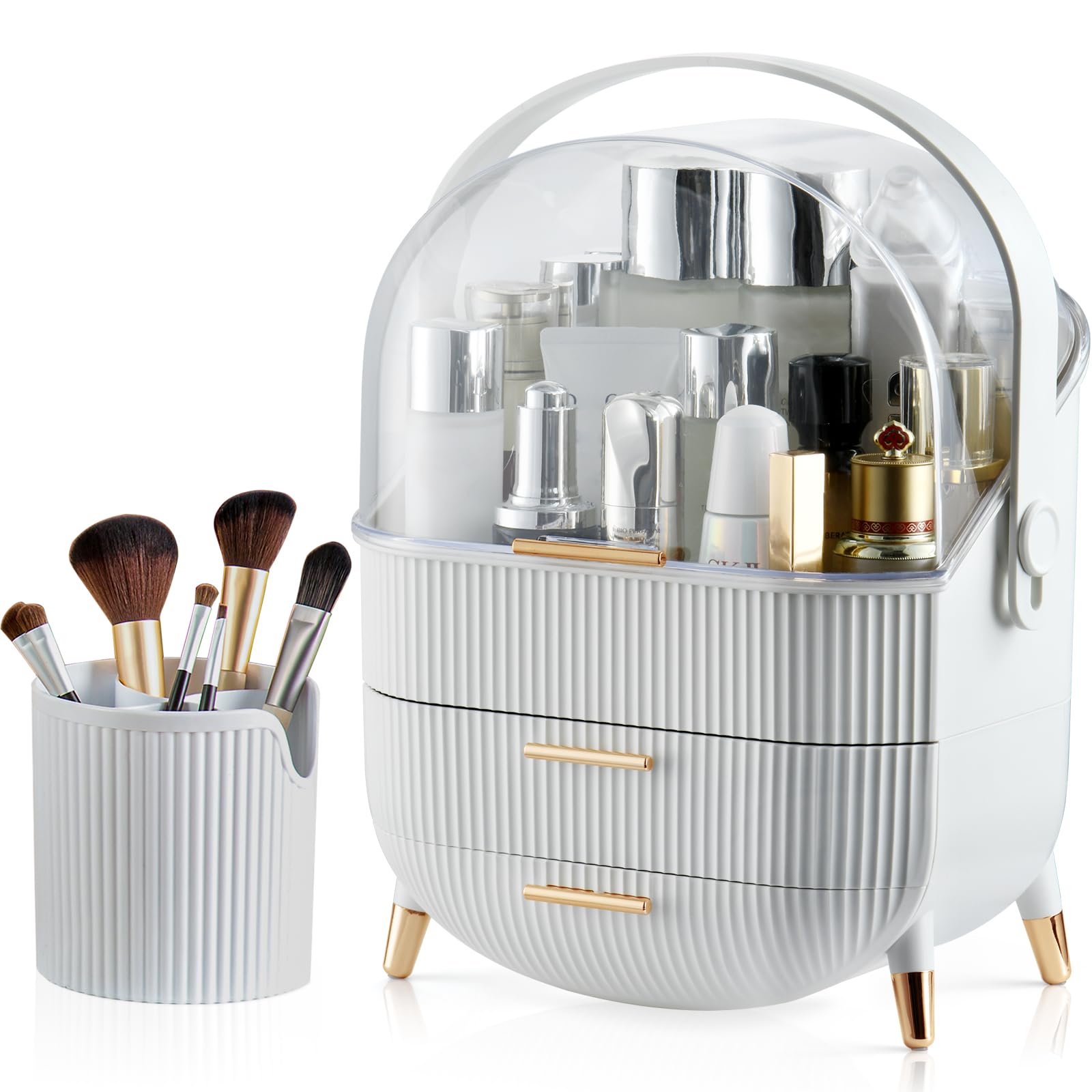 Photo 1 of CANITORON Makeup Organizer,Skincare Organizer with 2 Drawers and Brush Storage Box,Cosmetic Display Case for Vanity Organizer and Bathroom Countertop Storage.(White)