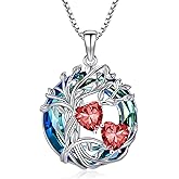 TOUPOP s925 Sterling Silver Family Celtic Tree of Life Pendant Necklaces with 2 Heart Birthstone with Blue Austrian Crystal Jewelry Birthday Valentines Day Gifts for Her, Anniversary Christmas Gifts for Wife Girlfriend Mom (18K Real White Gold Filled)