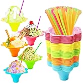 Auch 200Pcs 4oz Colorful Snow Cone Cups with Spoon Straws,Flower Shaped Ice Cream Snacks Cup Reusable Plastic Bowls Easy Grip