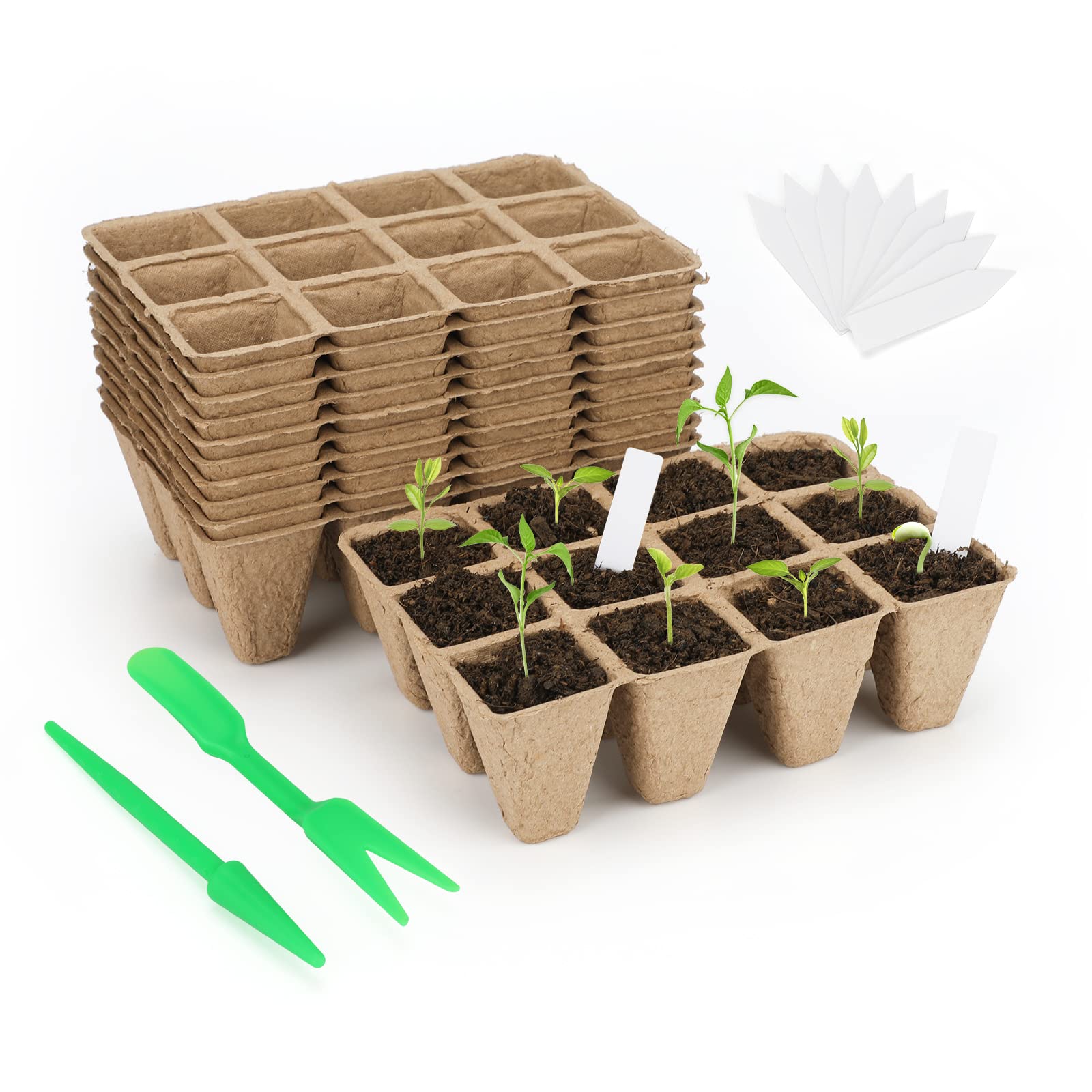 KINGLAKE Biodegradable Seed Trays, 15 Pack 180 Cells Square Fibre Plant Pots Seed Seedling Pots with 100 Plastic Plant Labels and Transplanting Digging Tools
