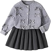 WDIRARA Girl's 2 Piece Cute Knit Fall Outfits Bow Cardigan and Pleated Knit Skirt Sets