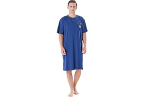 Keyocean Men Nightshirt, 100% Cotton Soft Comfy Short Sleeves Henley Neck Sleeping Loungewear