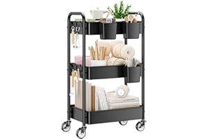 YASONIC 3 Tier Rolling Cart - Metal Utility Cart with Wheels, Hanging Cups, Hooks, Heavy Duty Mesh Rolling Storage Cart Organizer, Craft Cart for Kitchen Office, Lightweight and Sturdy