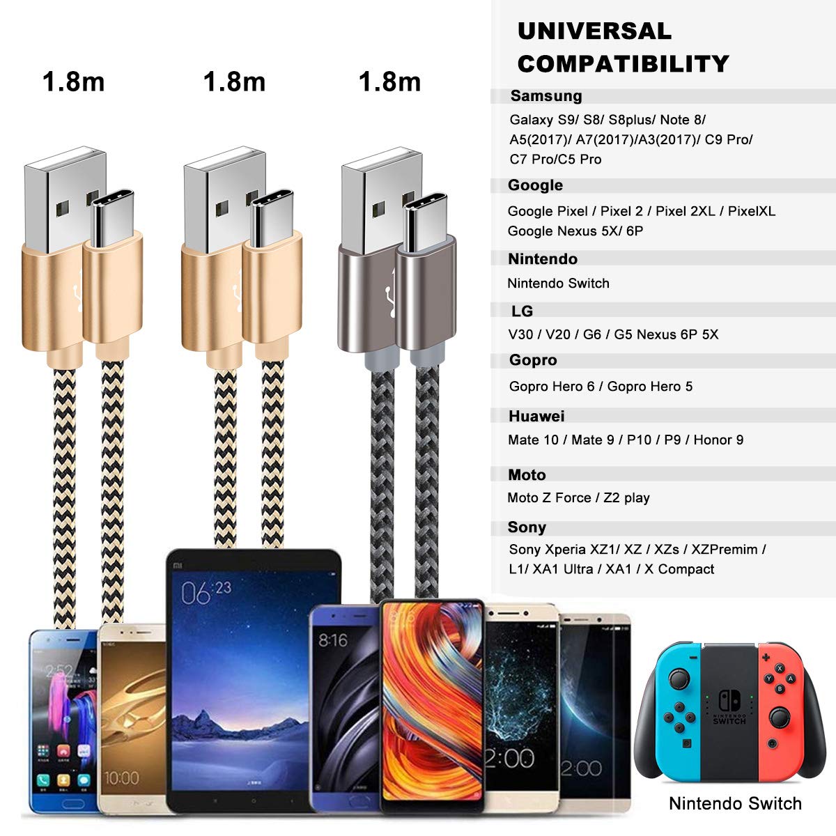 USB C Cable, OTISA [3Pack/6ft] Nylon Braided USB Type C Cable Fast Charging USB C Charger Compatible with Samsung Galaxy S8/S9/S10/S8+, Note 9/8, Sony Xperia XZ, Google Pixel - Gold, Grey